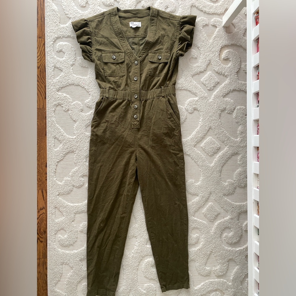 Anthropologie olive green utility jumpsuit flutter sleeves
